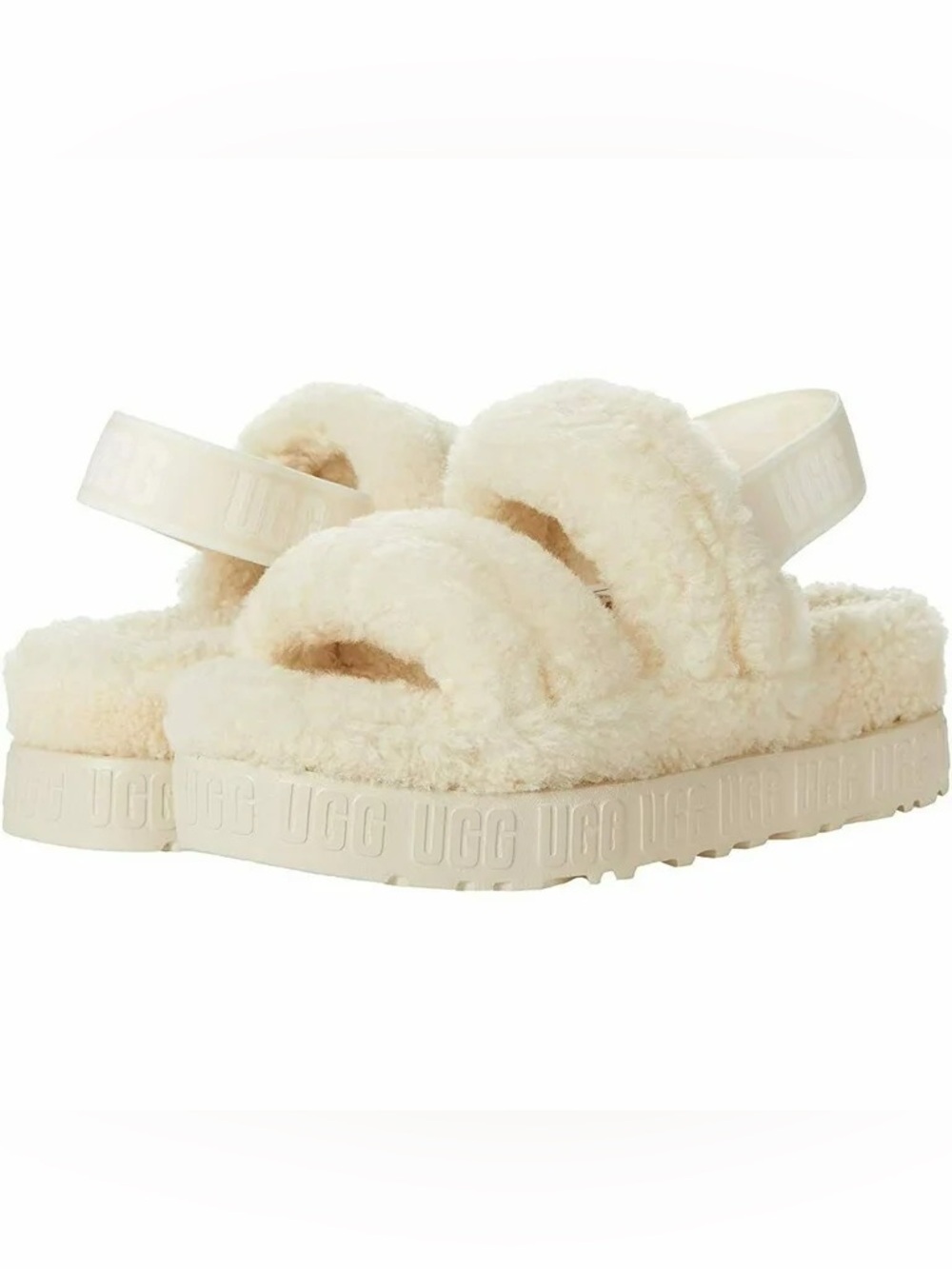 UGG Fluffita Shearling Double-Strap Slide Sandals in Off-White